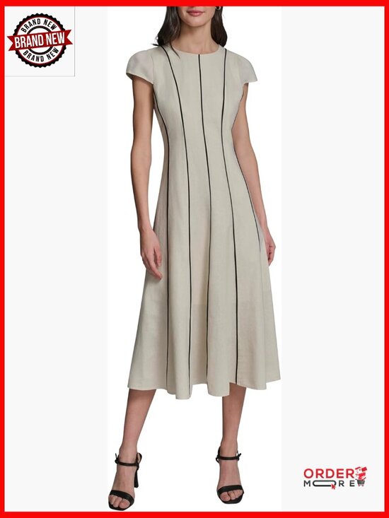 Dresses & Skirts - Sleeveless Crew Neck Linen Midi Dress with Contrast Seaming